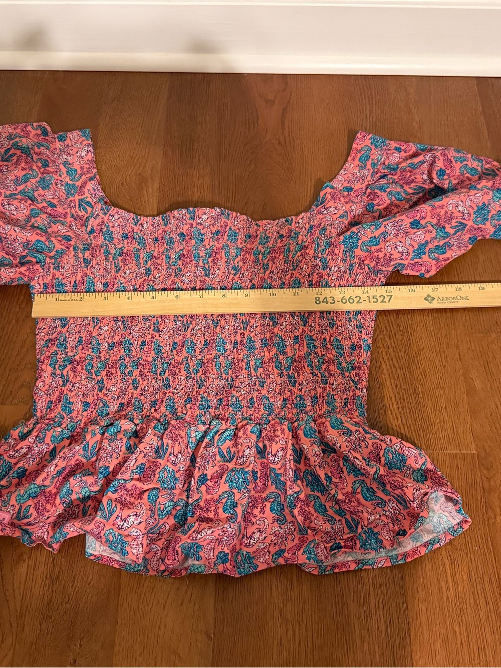 Simply Southern Smocked Seahorse Peplum Top Pink Blue Coastal back to school M⁠ - Picture 8 of 9